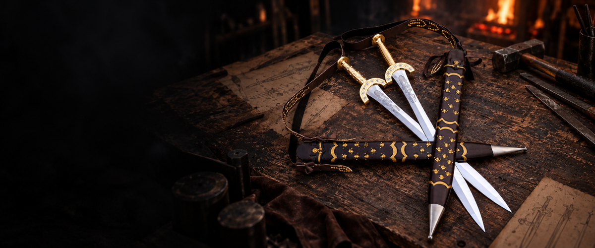 Two gold-hilted short swords with black and gold scabbards and a leather strap on a workbench